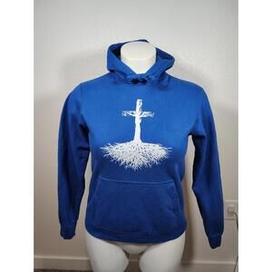 Unisex Blue hoodie sweater Long Sleve Christian Cross Tree Roots Religion Sz M